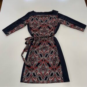 Ann Taylor Navy and Red Orange Paisley 3/4 Sleeve Boatneck Dress